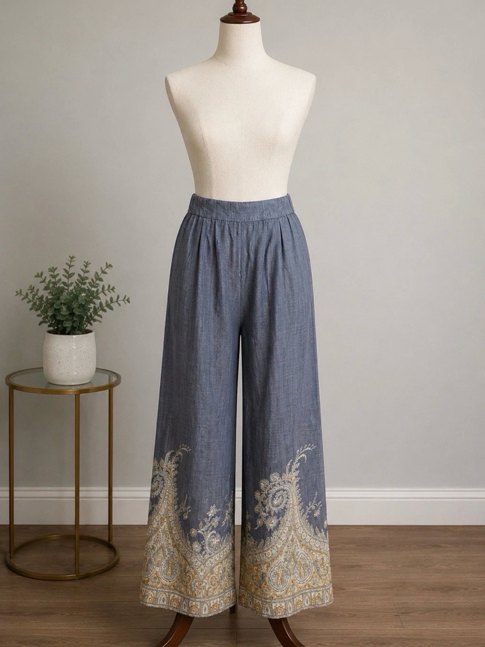 Wonderly Chambray Wide-Leg Pants with Gold Embroidered Hem